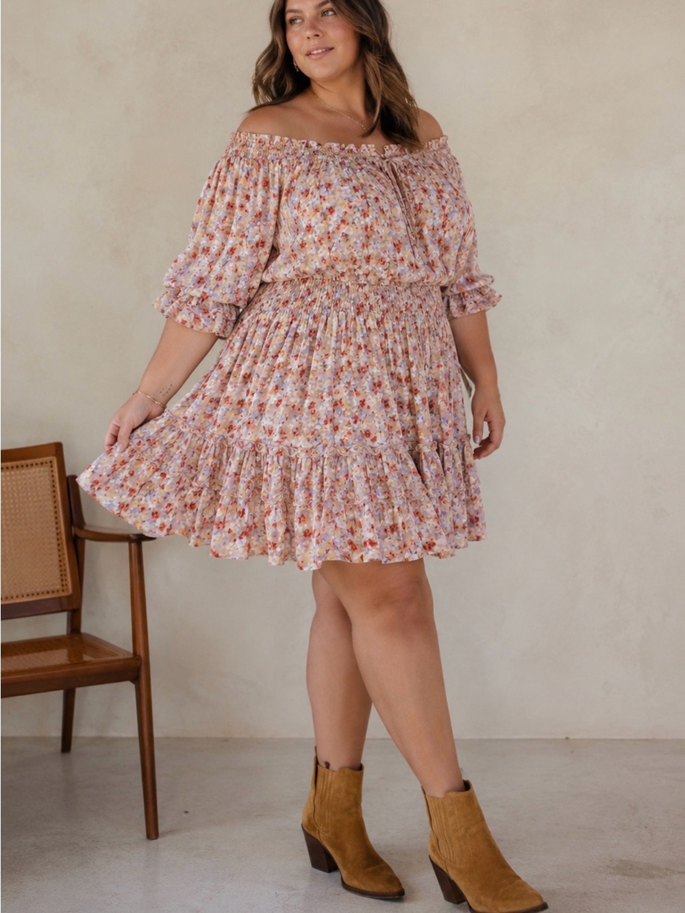 Easel Los Angeles Floral Smocked Off Shoulder Mini Dress NWT Large Boho
